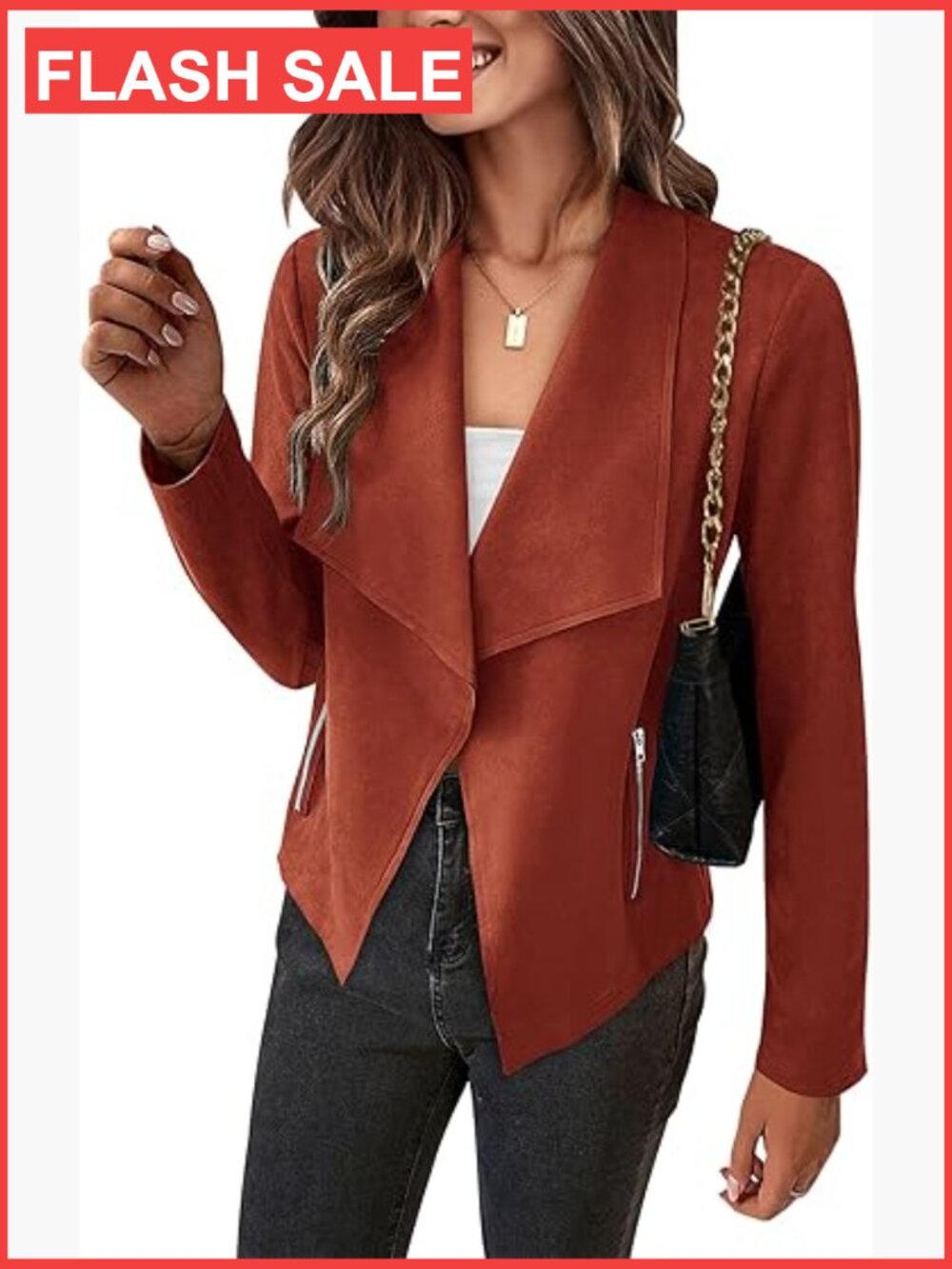 Faux Suede Cropped Jacket Waterfall Collar Long Sleeve Open Front Coat